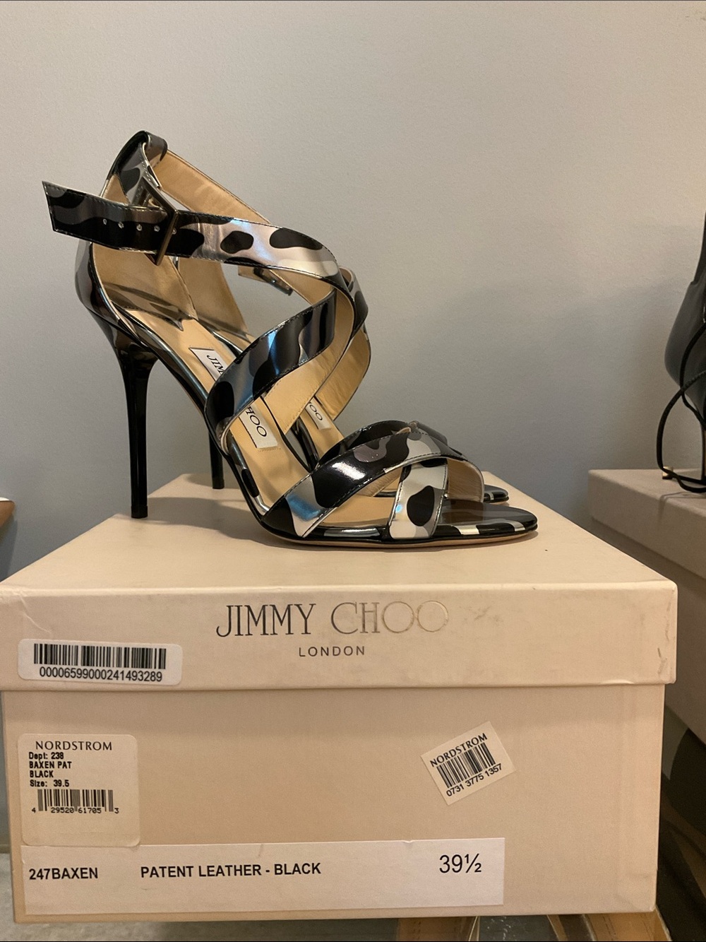Jimmy Choo Baxen Patent Leather Sandals Black White Size 8 Authentic NWT